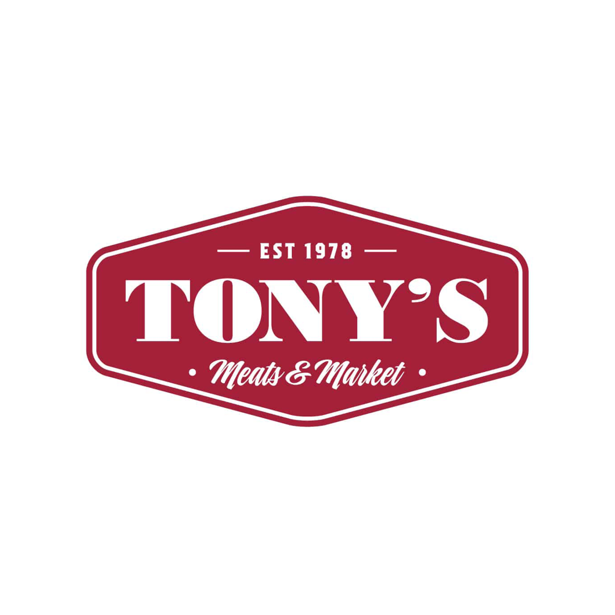 The logo for tony 's meats and market is red and white.