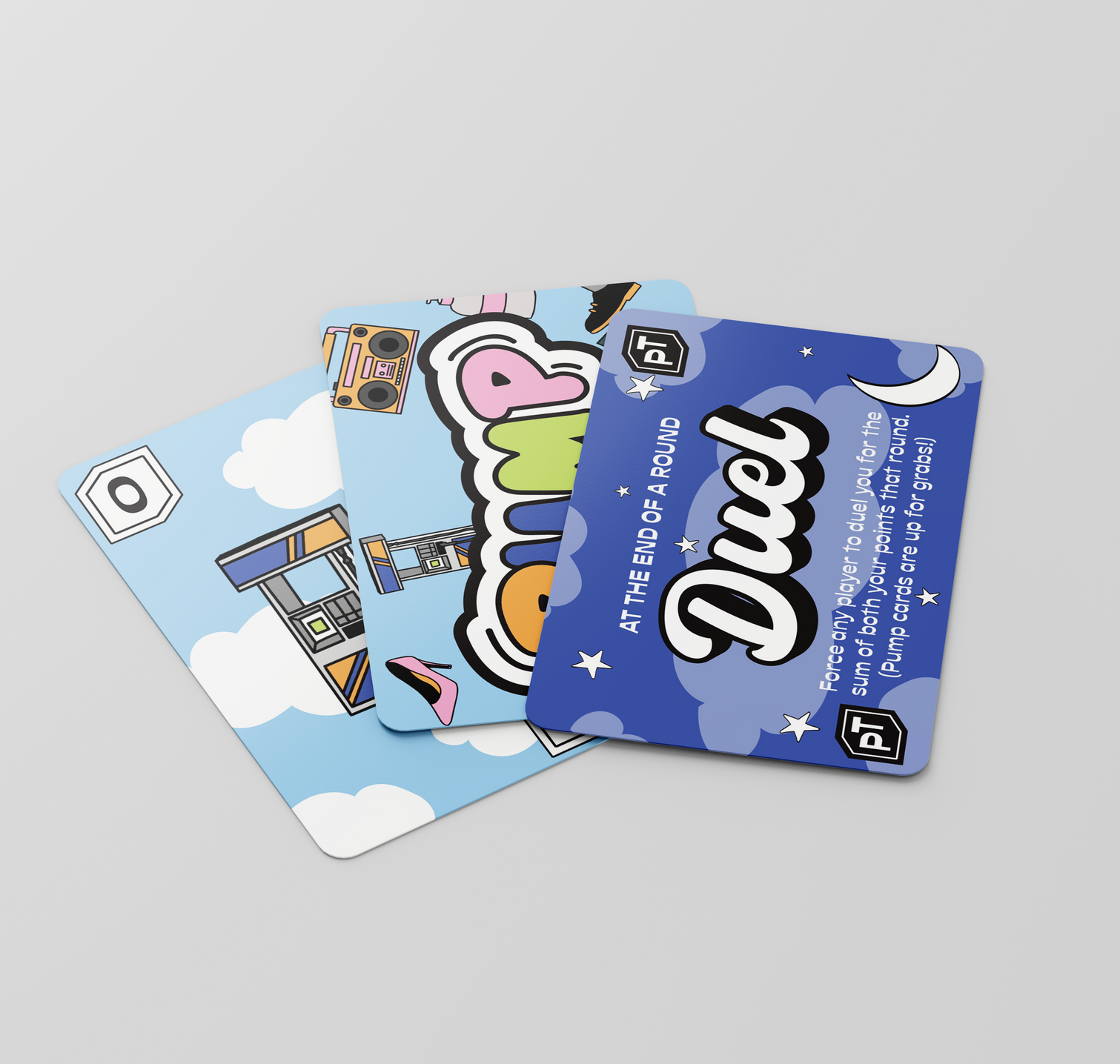 Three cards are stacked on top of each other and one of them says duel