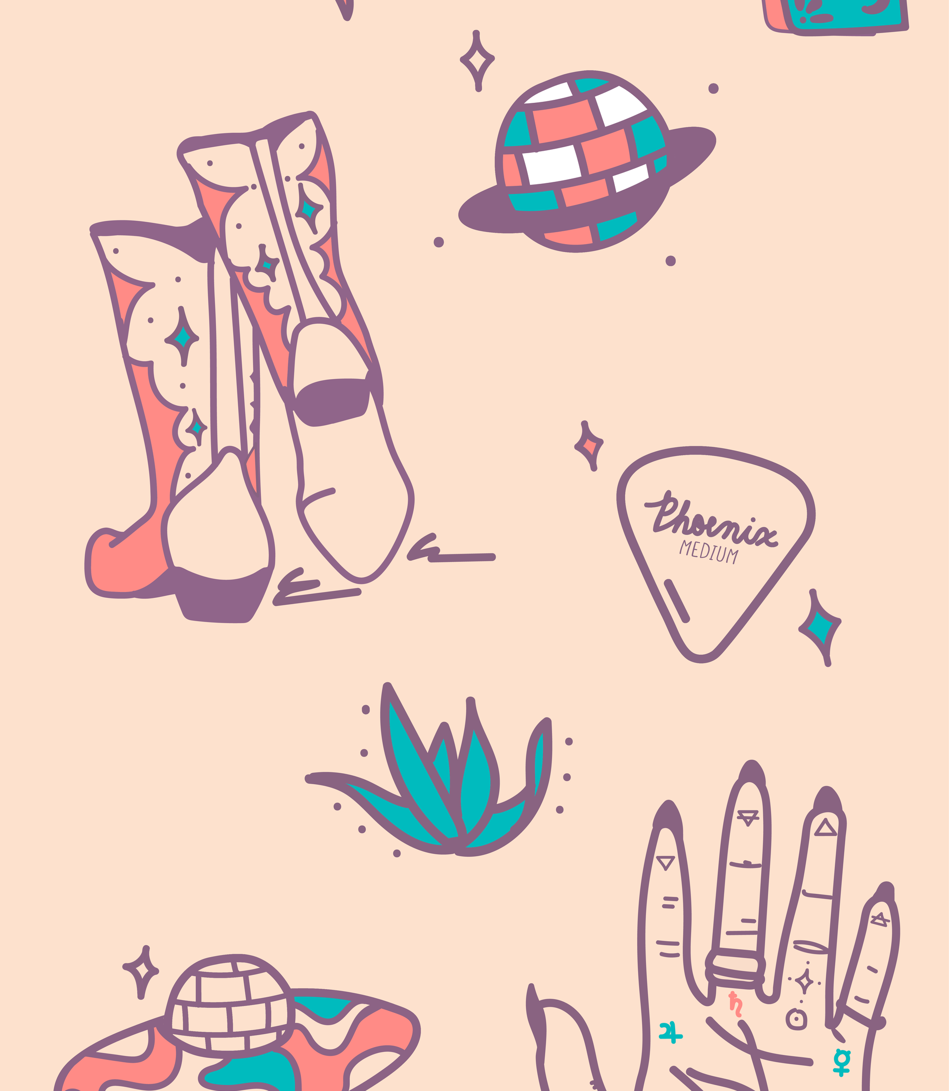A seamless pattern with a pair of cowboy boots , a guitar pick , a plant , and a hand.