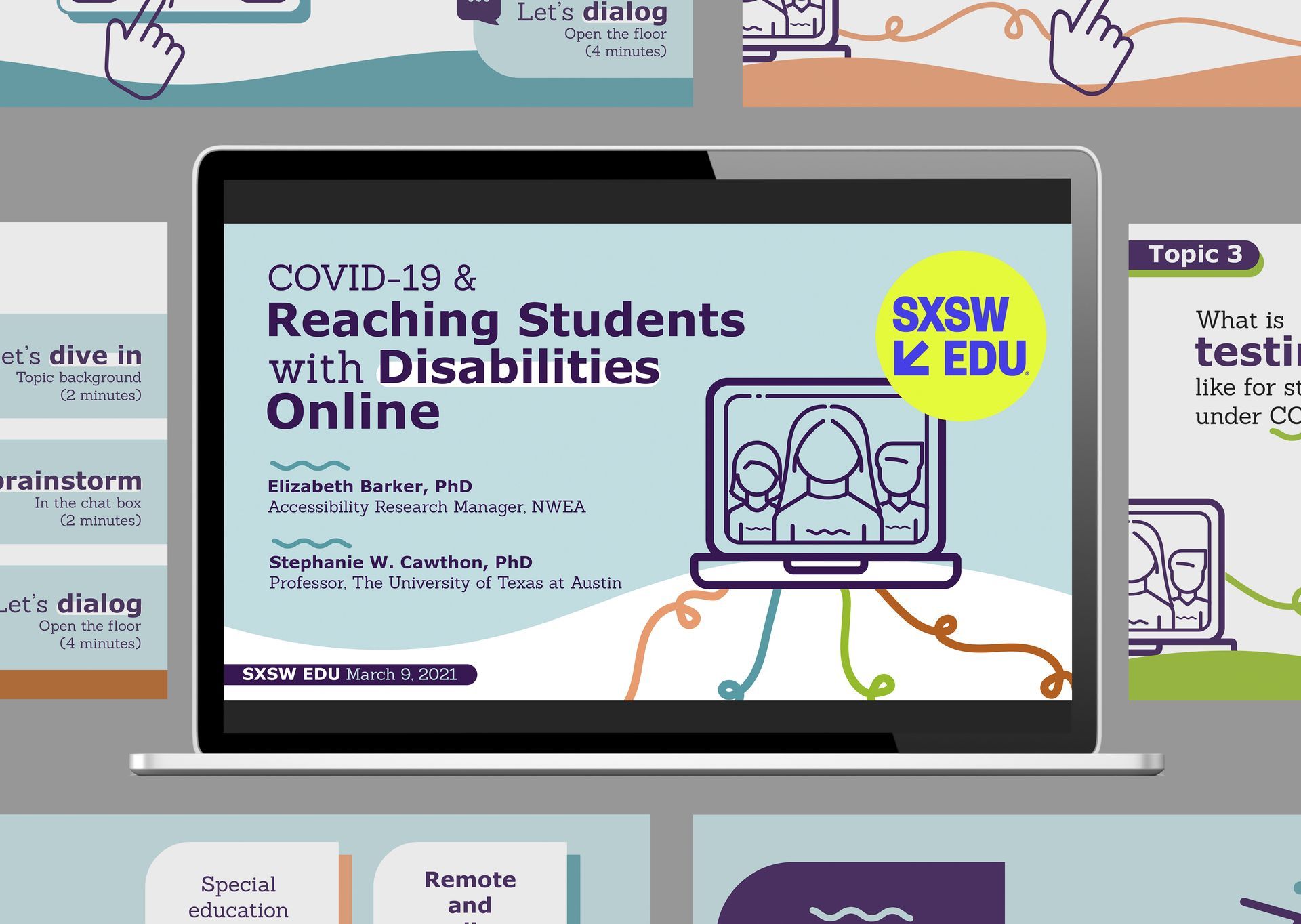 A laptop computer is open to a presentation about reaching students with disabilities online.