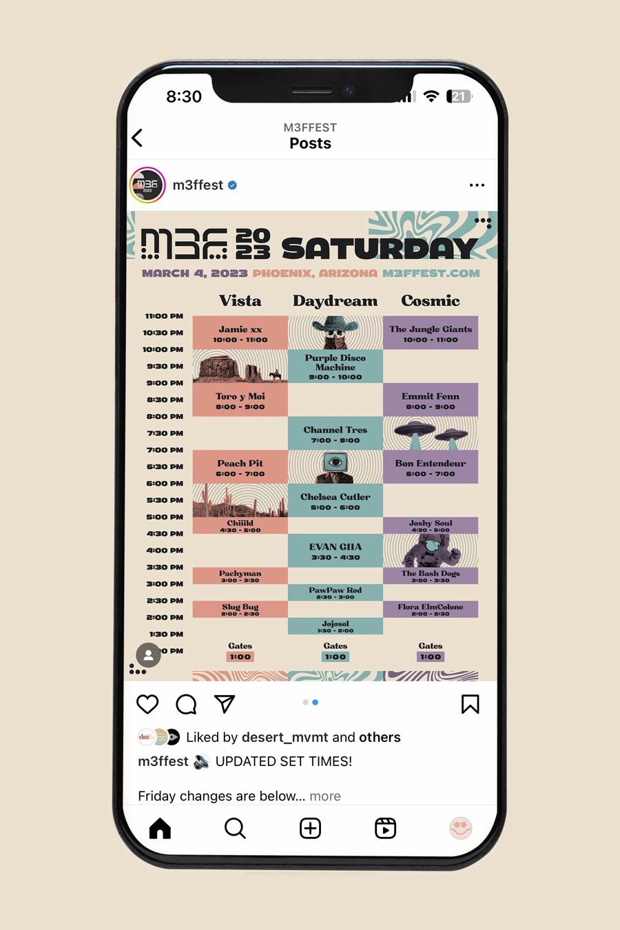 A cell phone displaying a schedule for a saturday event.