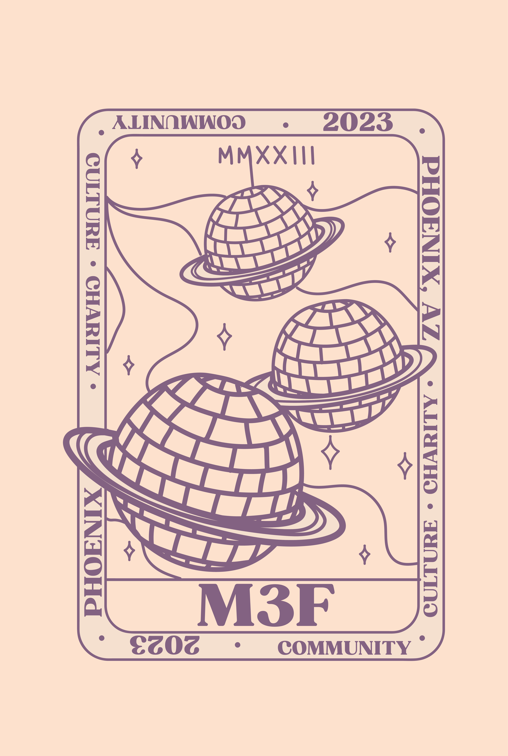 A tarot card with three disco balls on a pink background.