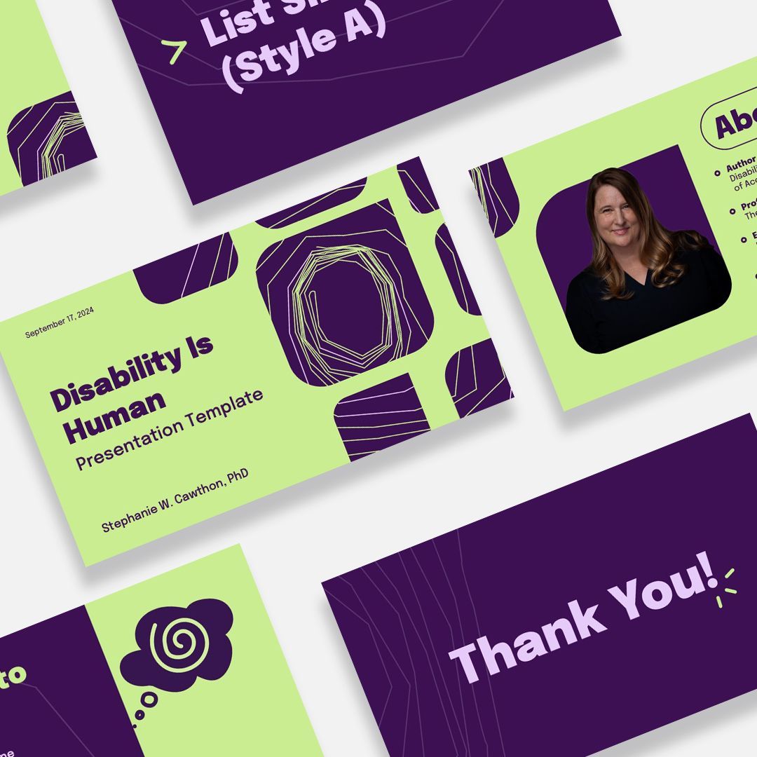 purple and green presentation slides with the words disability is human on it