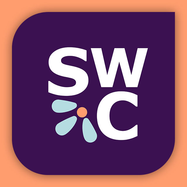 A purple square with the letters swc + half of a flower on it