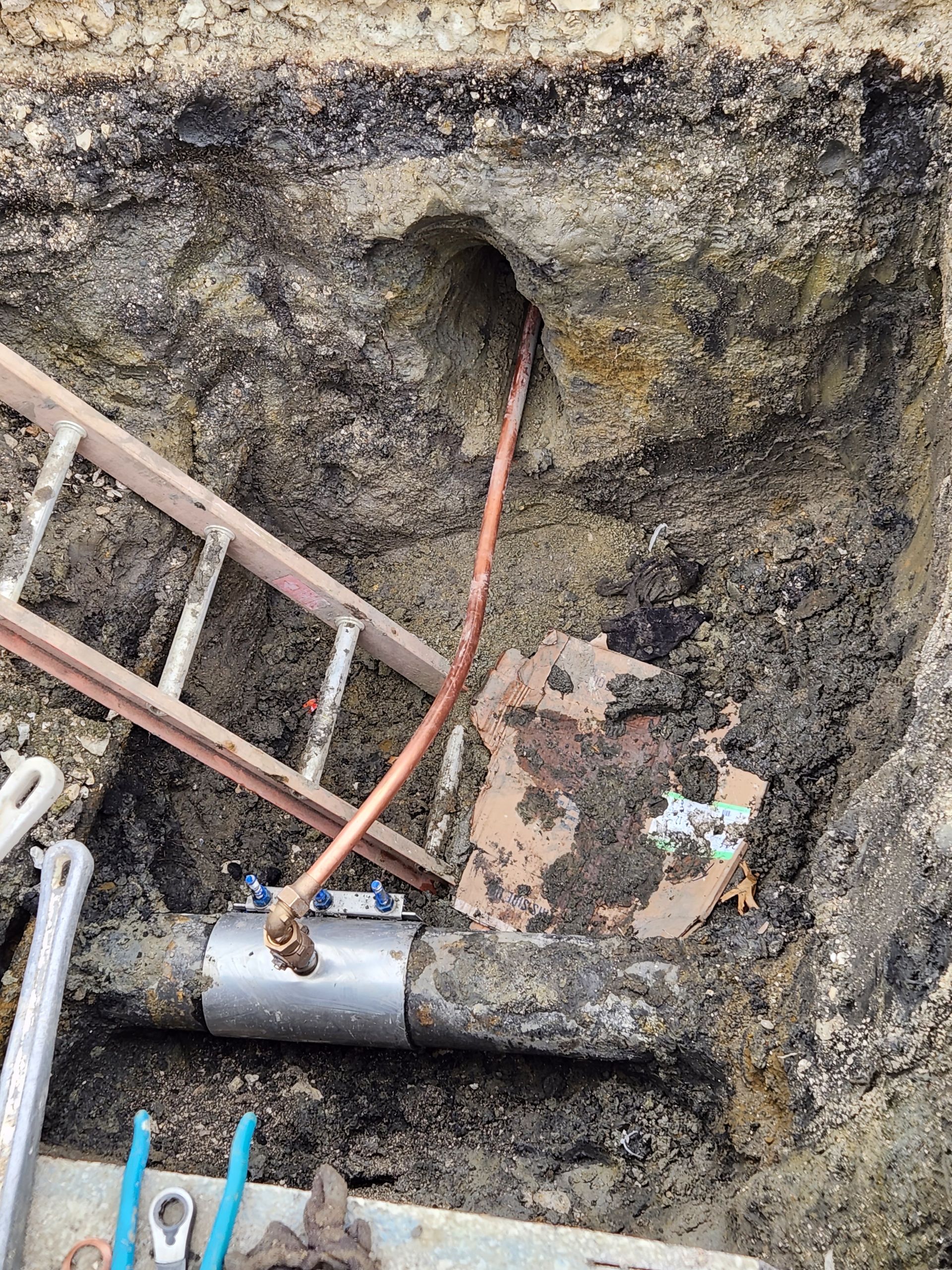 A ladder is laying on the ground next to a pipe in the dirt.