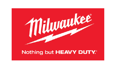 The milwaukee logo is red and white and says nothing but heavy duty.