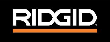 The logo for ridgid is white and orange on a black background.