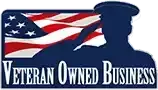 A veteran owned business logo with a soldier saluting an american flag.