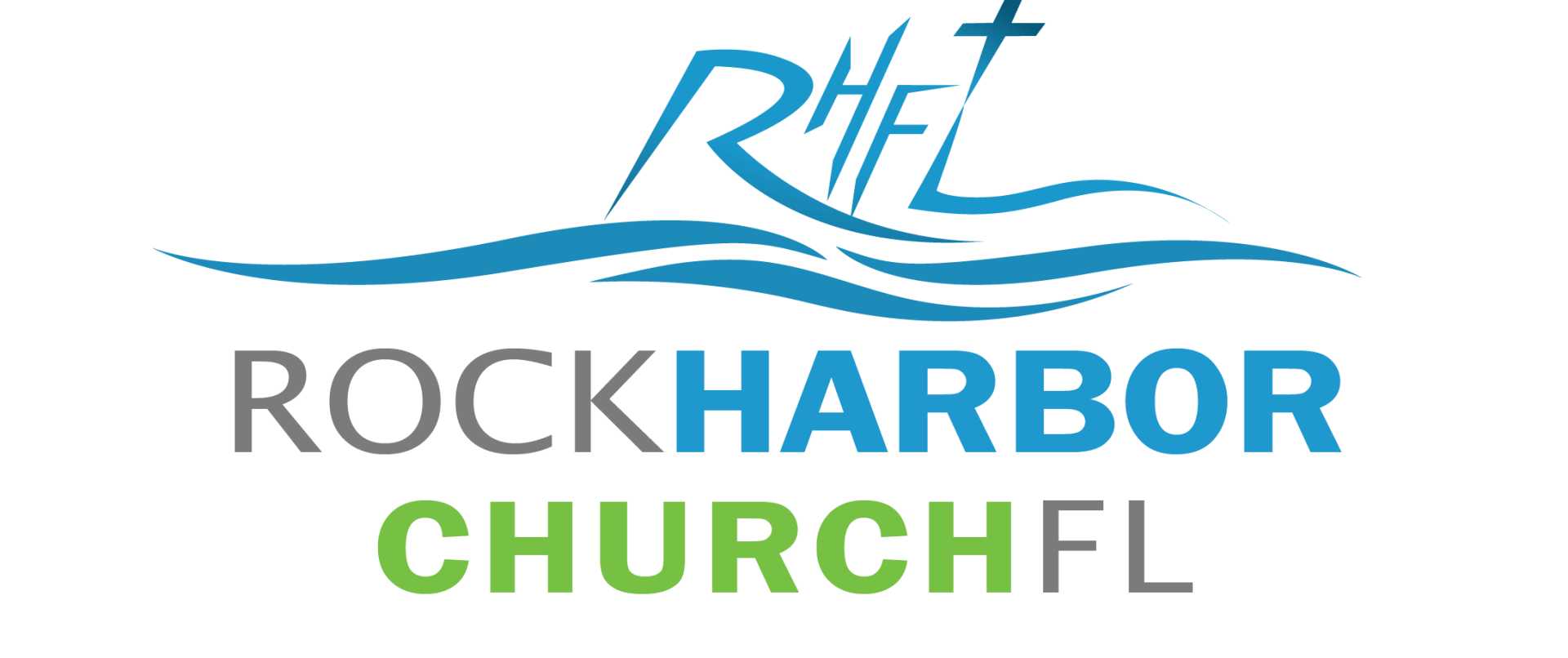 The rock harbor church logo has a blue wave and a cross on it.