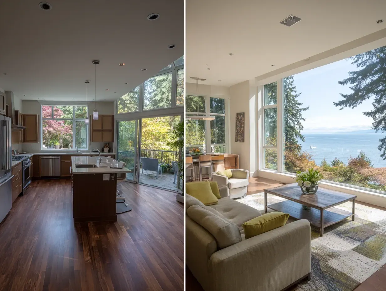 Kitchen and living room with large windows, overlooking trees and water.