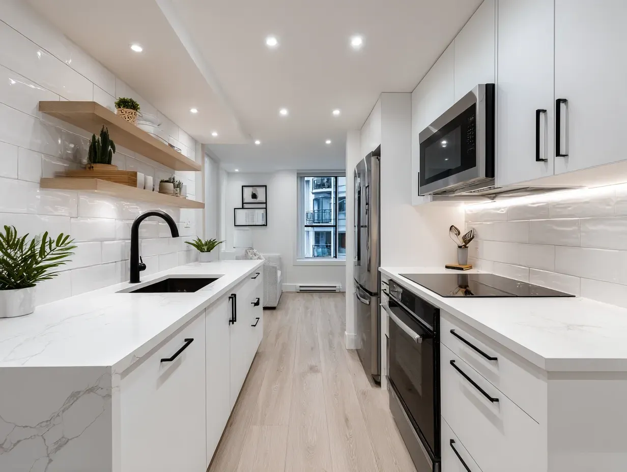 Vancouver East Side kitchen renovation project with modern cabinetry, quartz countertops, tile backsplash, recessed LED lighting, and licensed Vancouver kitchen remodelers serving East Vancouver neighborhoods with professional renovation services.