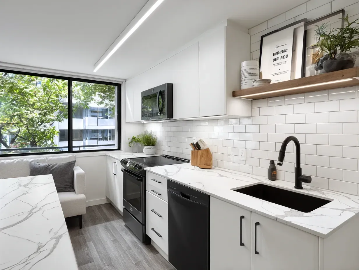 Modern Vancouver kitchen renovation with flat-panel cabinets, waterfall-edge quartz countertops, LED lighting upgrades, glass backsplash, integrated appliances, and licensed Vancouver kitchen remodeling contractors specializing in modern upgrades.
