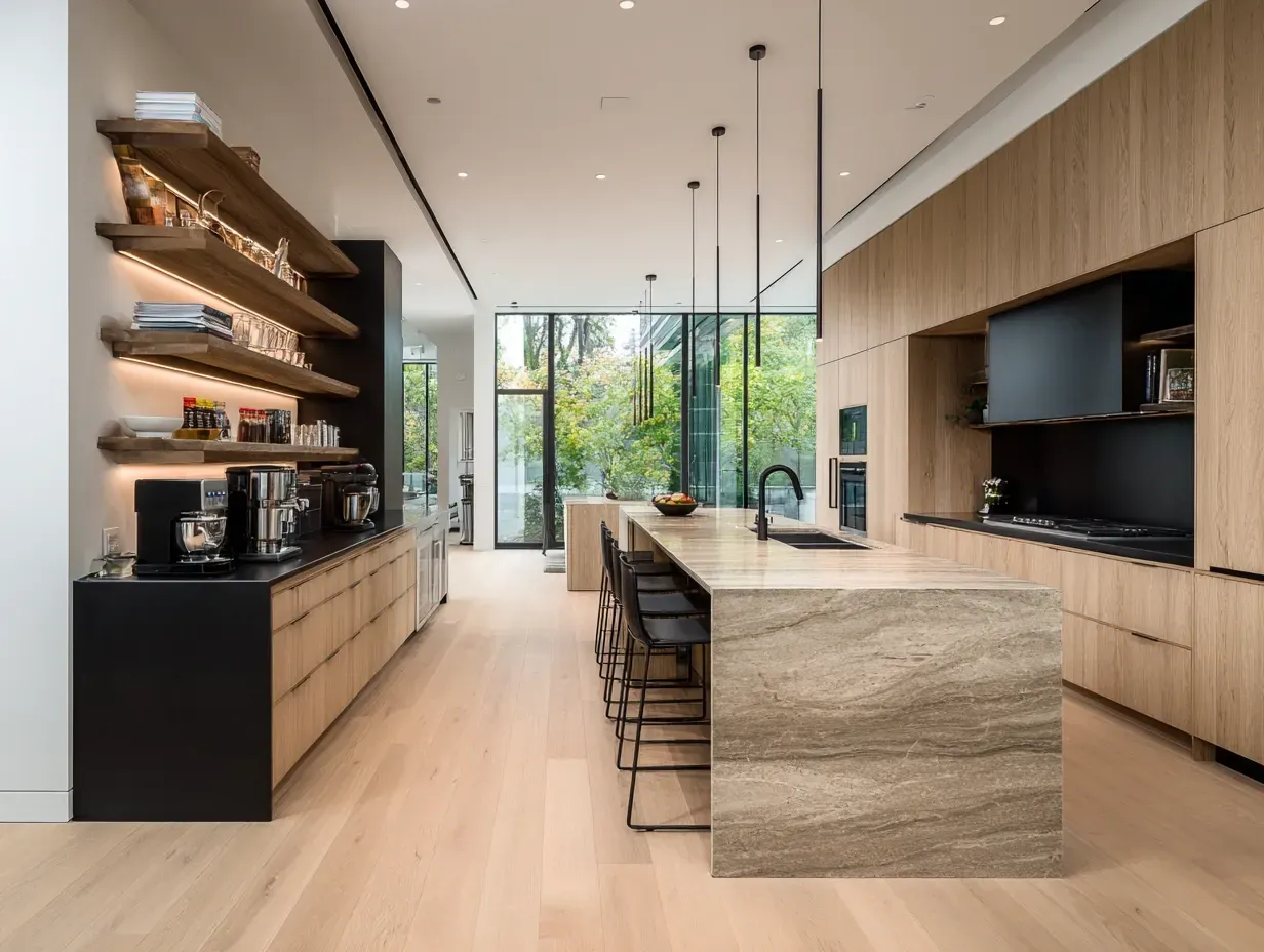 West Vancouver luxury kitchen remodel featuring marble countertops, custom cabinetry, gourmet island with seating, pendant lighting, and licensed Vancouver kitchen renovation contractors specializing in West Vancouver luxury homes.