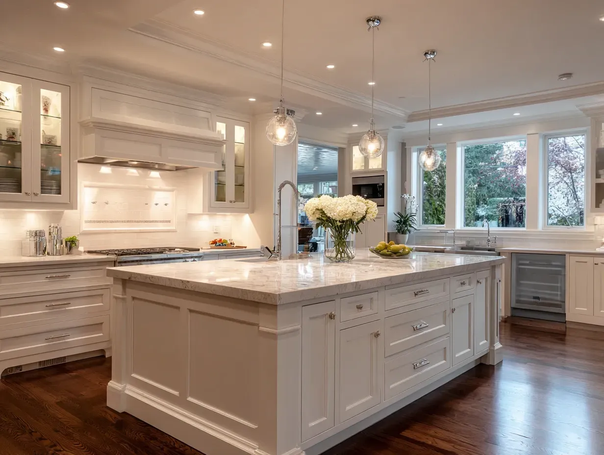 White kitchen with island, cabinets, marble countertops, and pendant lights. Dark wood floors, windows, and a floral arrangement.