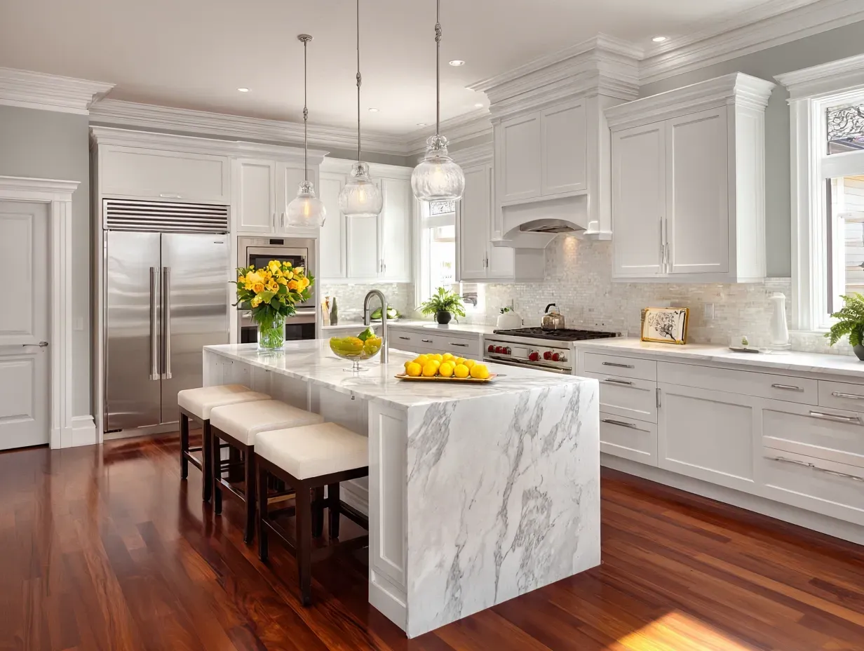 Yaletown modern kitchen renovation featuring open-concept kitchen layout, granite countertops, waterfall kitchen island, recessed LED lighting, gourmet appliances, and licensed Vancouver kitchen remodeling contractors serving Yaletown residents.