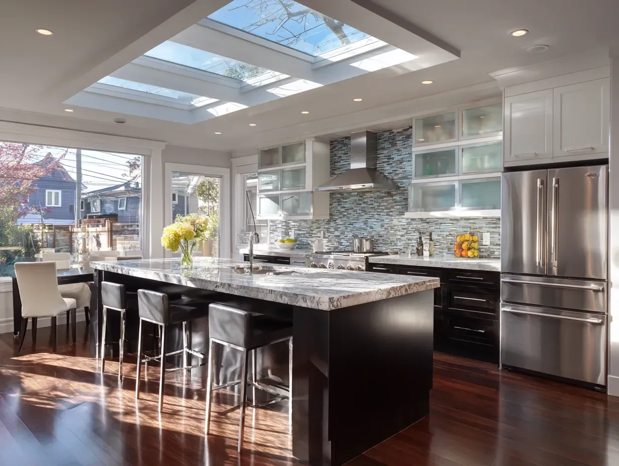 Under-cabinet lighting installation in Vancouver kitchens featuring LED strip lights, puck lighting, smart lighting control systems, quartz countertops, and licensed Vancouver kitchen renovation experts specializing in lighting upgrades and remodeling.