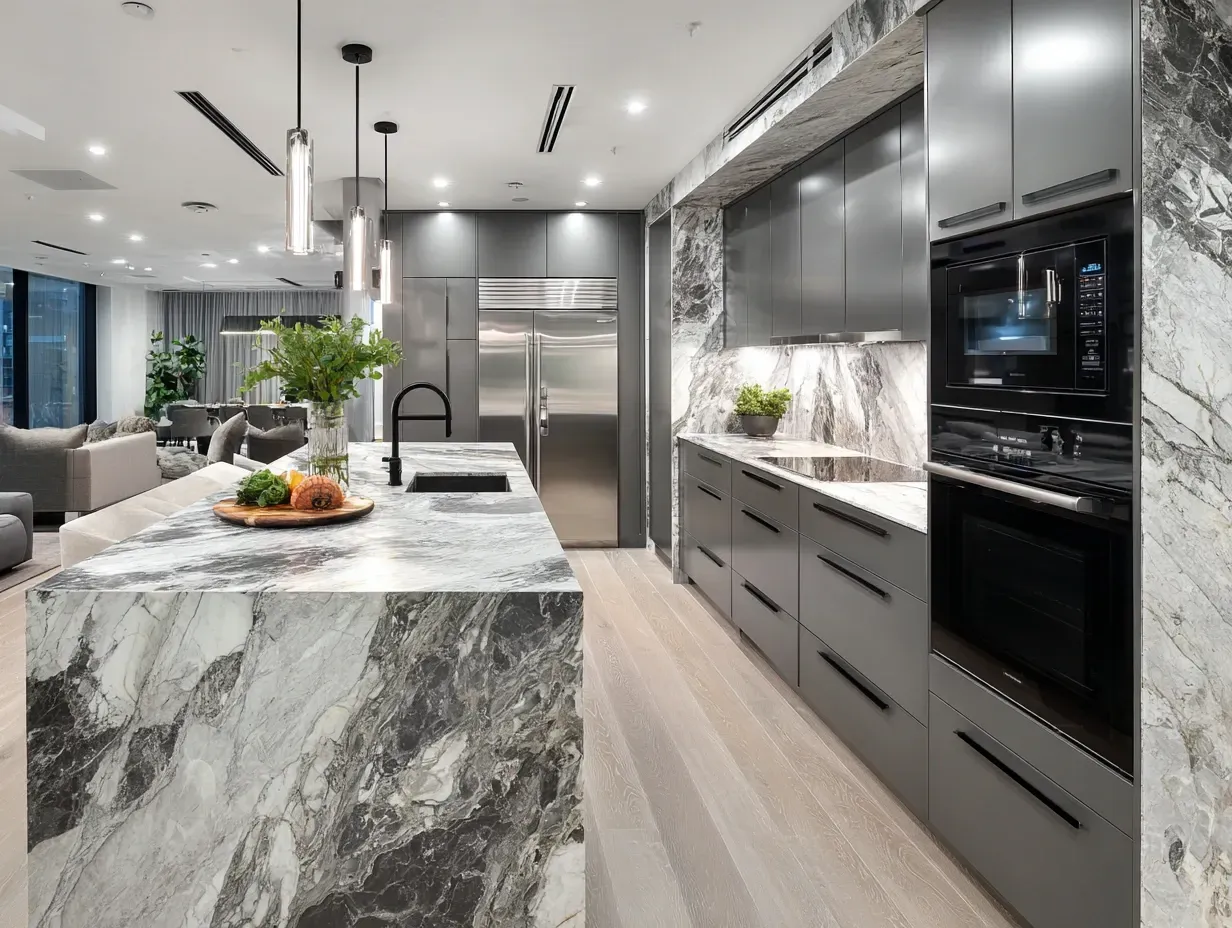 Contemporary kitchen renovation with built-in oven, under-mount sink, and integrated lighting for a seamless and efficient layout.