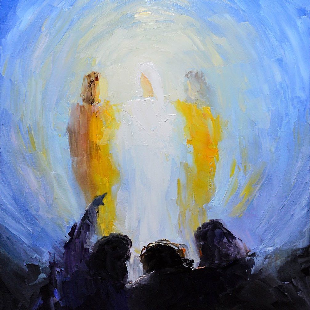An oil painting of a person in white glowing in the middle of two people in golden robes
