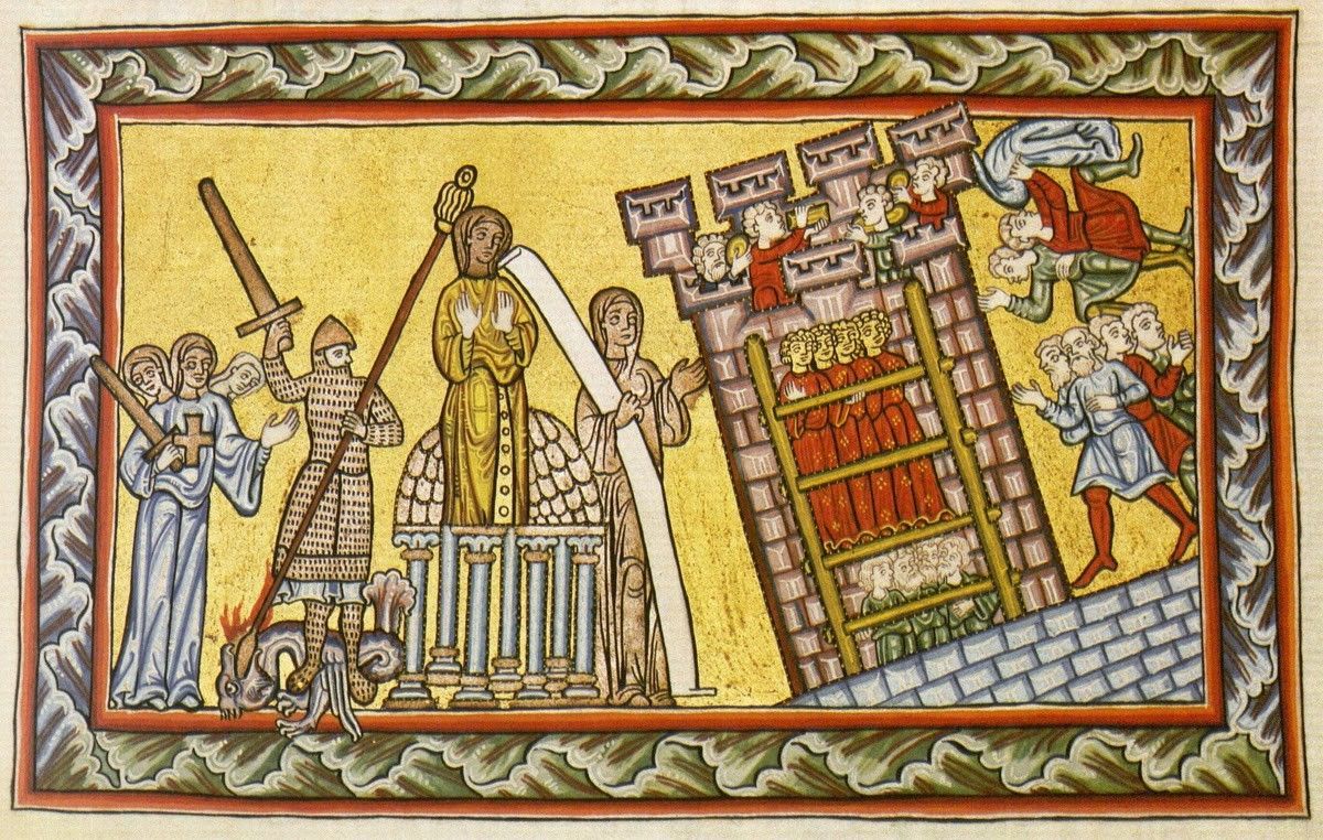 A medieval artwork of Hildegard of Bingen toppling the tower of the church. 