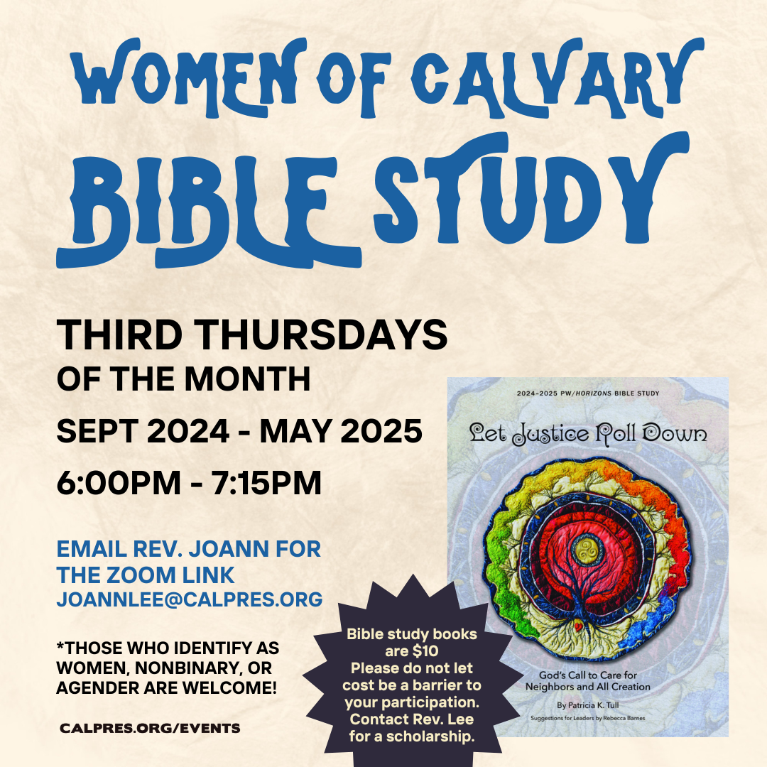 Those who identify as a woman or nonbinary or agender are welcome to join us for the Women of Calvary Bible Study! Third Thursdays of the month from September 2024 to May 2025 from 6-7:15pm. Click to email Rev Joann for the Zoom link. Bible Study books are $10, please do not let cost be a barrier to your participation. Let Rev. Joann know when you email her for the Zoom link.