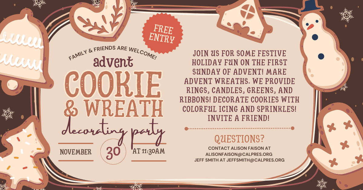Cookie & wreath decorating party November 30, at 11:30am  - FREE ENTRY
Join us for some festive holiday fun on the first Sunday of Advent! Make Advent wreaths. We provide rings, candles, greens, and ribbons! Decorate cookies with colorful icing and sprinkles! Invite a friend! Click to Email for questions
