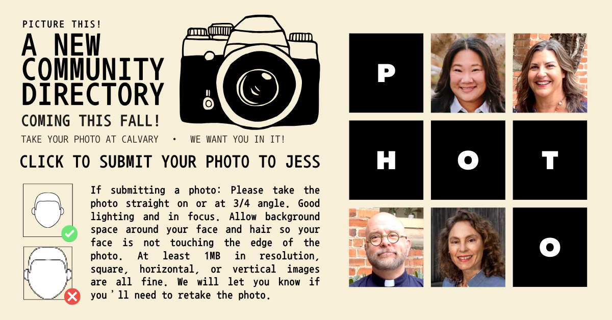 Be in our community directory! All are welcome - submit a high resolution photo at least 1MB in size - good lighting, good focus. Make sure your hair is not touching any of the edges. We will let you know if you need to retake the photo. Click to submit your photo to Jess! 