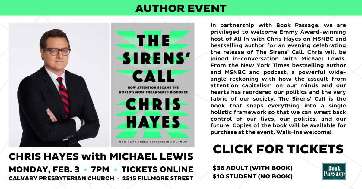 Join Emmy Award-Winning host of All In with Chris Hayes on MSNBC and his release of his new book The Sirens' Call. Monday, Feb 3 at 7pm. Click for tickets - $36 for adults with book, $10 for students no book. 