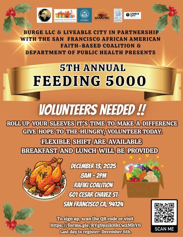 REI with the San Francisco African American Faith-based coalition and dept of public health presents: 5th Annual feeding 5000, volunteers needed! Click for more info or to sign up. 