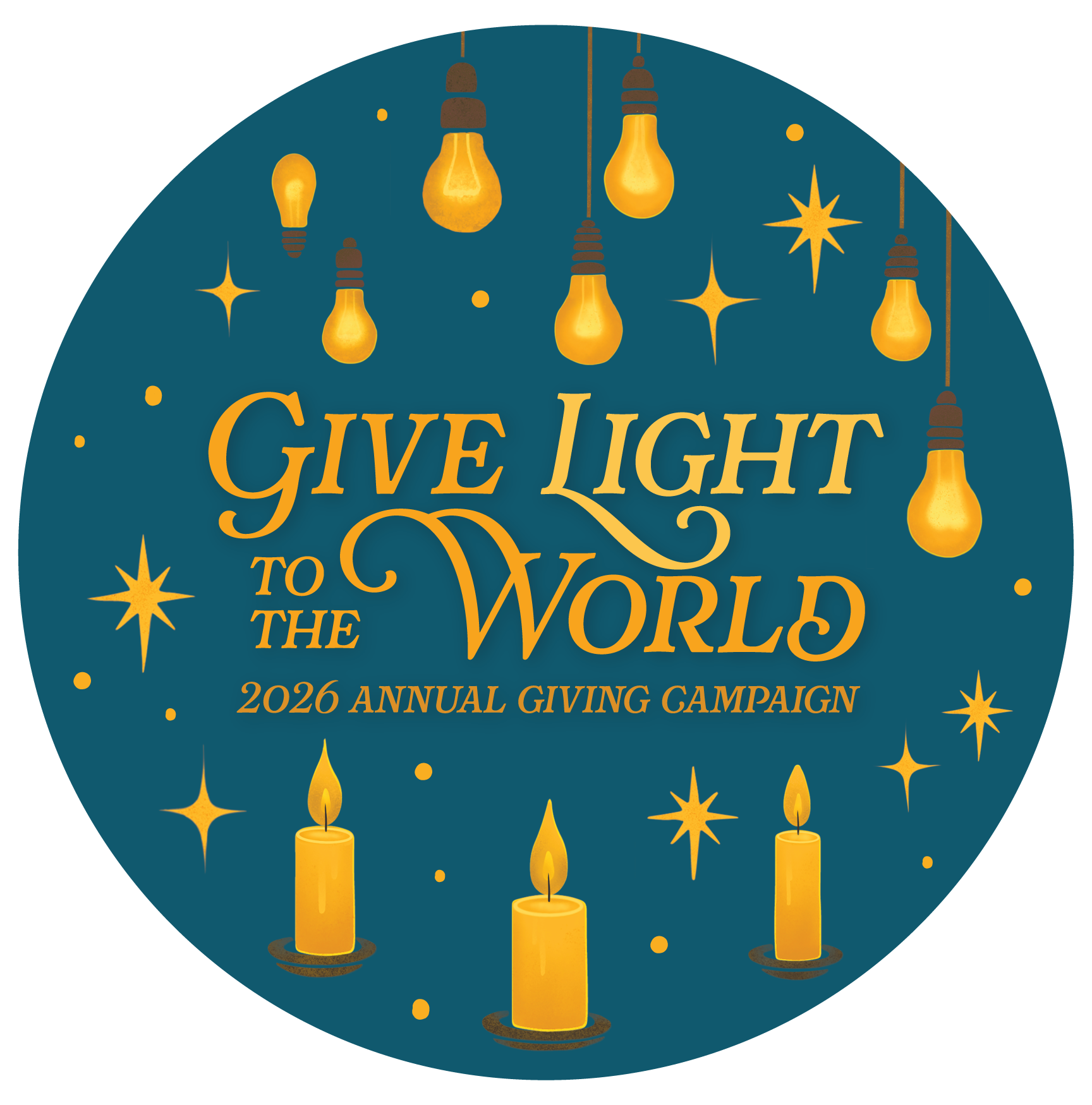 A graphic icon of our 2026 Annual Giving Campaign theme: Give Light to the World. It's teal blue with a lot of candles and lights surrounding it