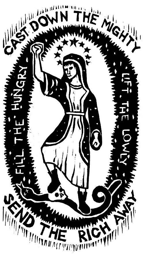 “Magnificat” (Luke 1:52-53) by Benjamin Wildflower, man with fist in air stepping on a snake