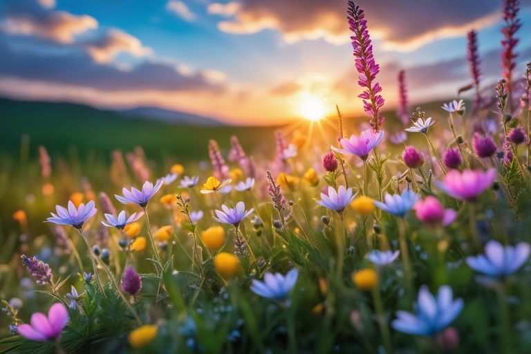 A peaceful field of wildflowers with the sun behind it. 