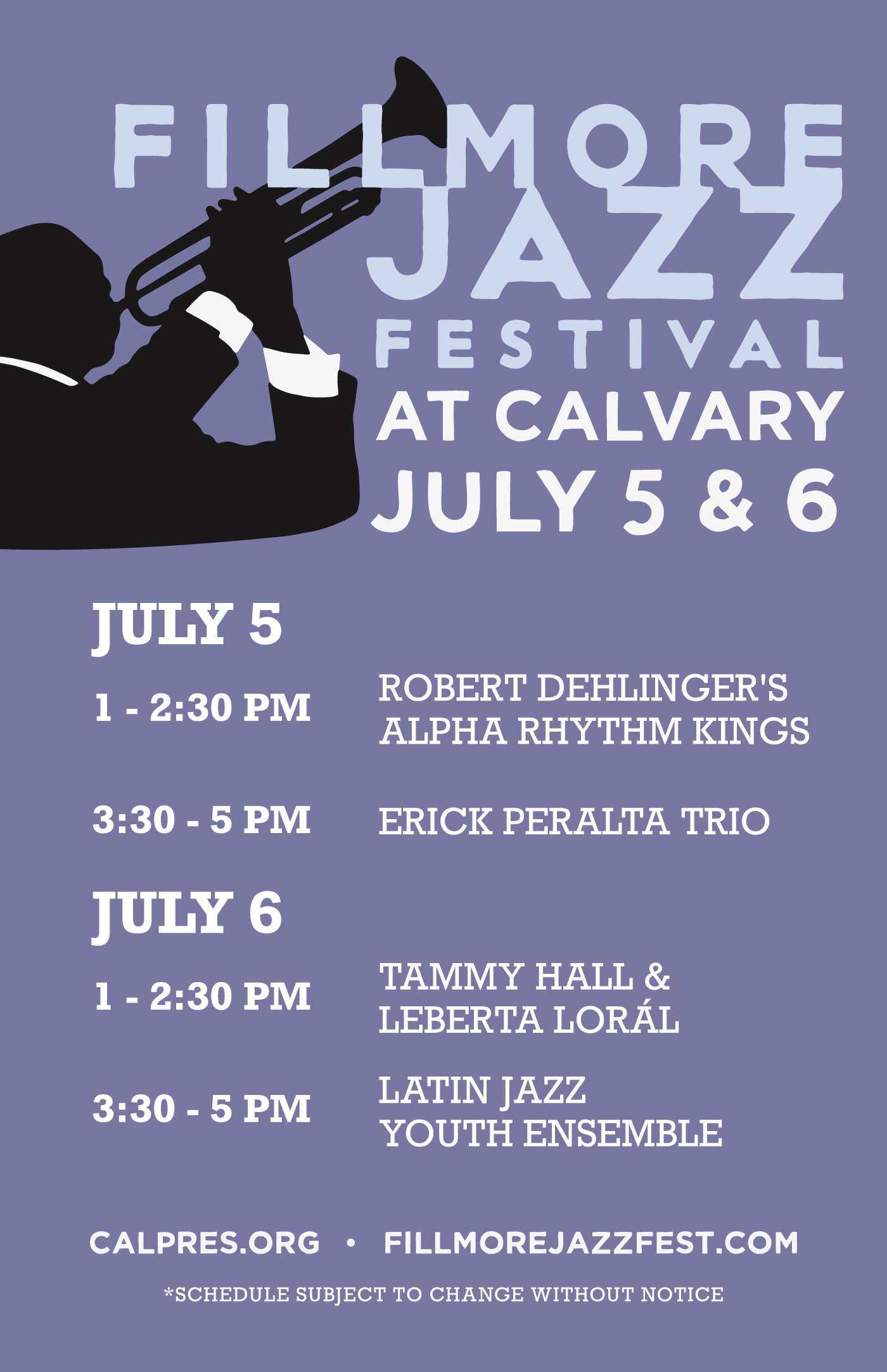 Join us for 2 days of jazz, swing, and soul! Fillmore Jazz Festival returns this year on July 5 & 6 starting around noon each day. Come on by to Calvary!
Performances start at 1pm and 3:30pm each day