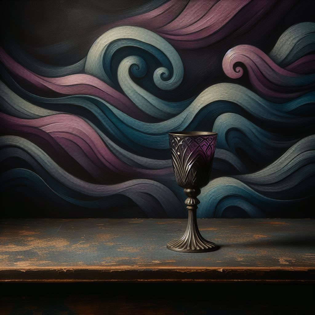 Swirly van-gogh-ish type of muted purple and slate background with a chalice on a wooden table 