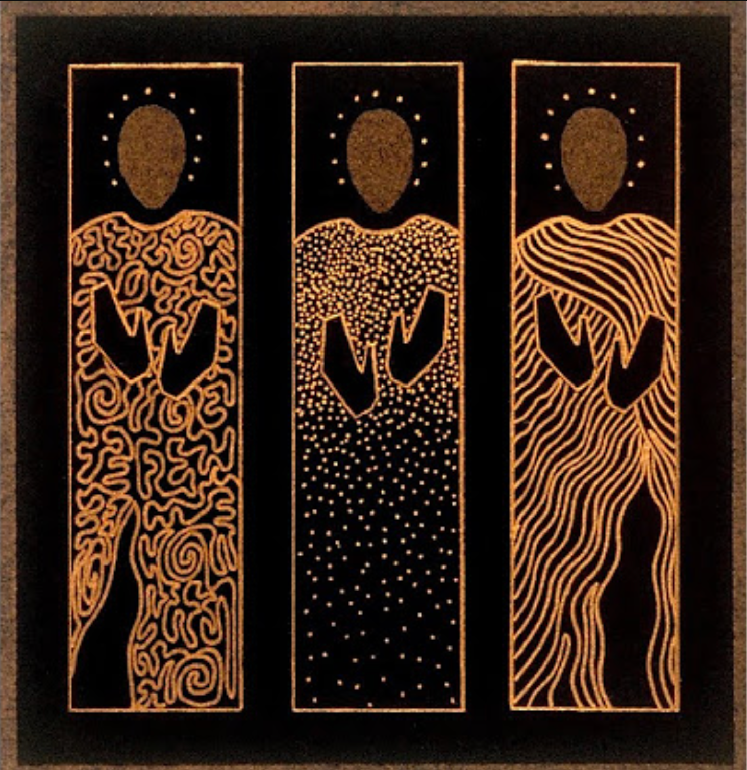 3 abstract people created out of gold lines, on a black background. Their hands are highlighted