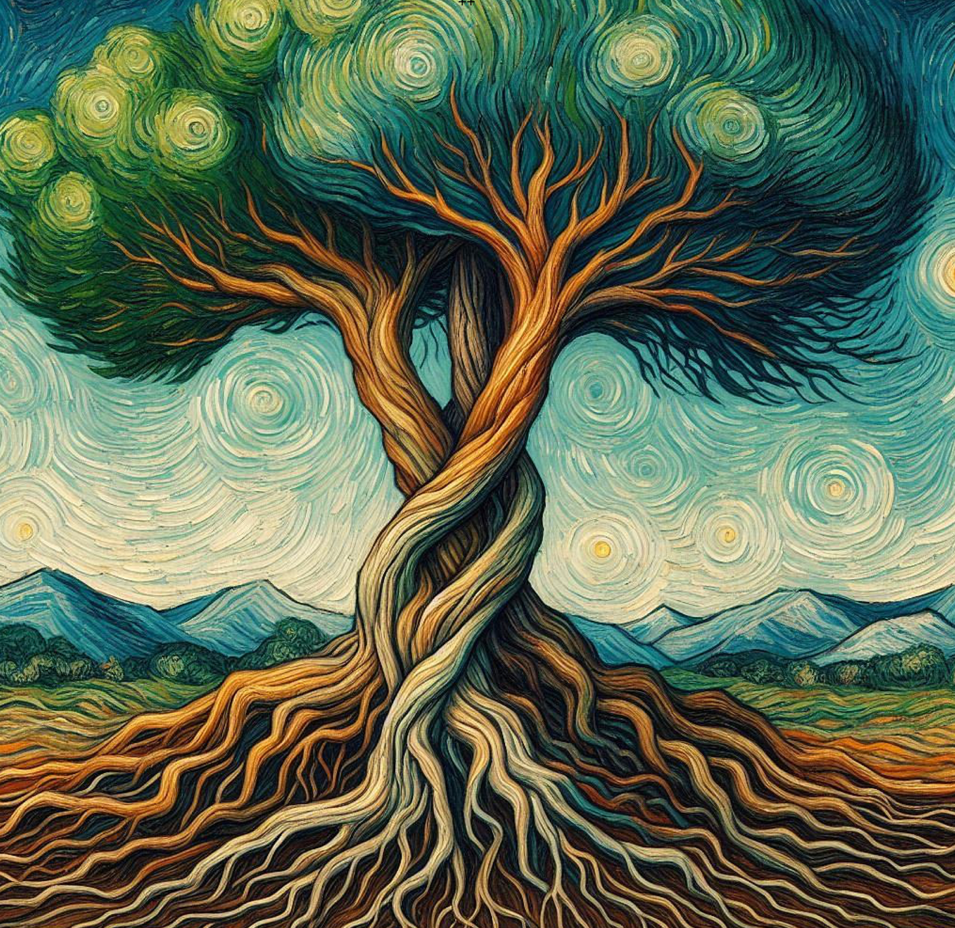 A Van-Gogh style pair of trees with its roots entangled and embracing each other. Produced by AI