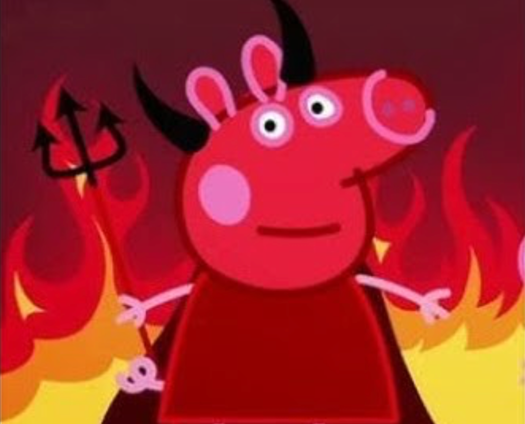 Peppa Pig dressed as the devil. Background is flames, as if in hell