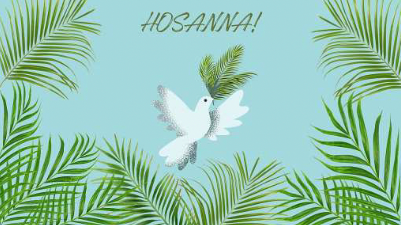 A dove flying with a palm leaf in its mouth and there are many palm leaves at the border. Hosanna! 