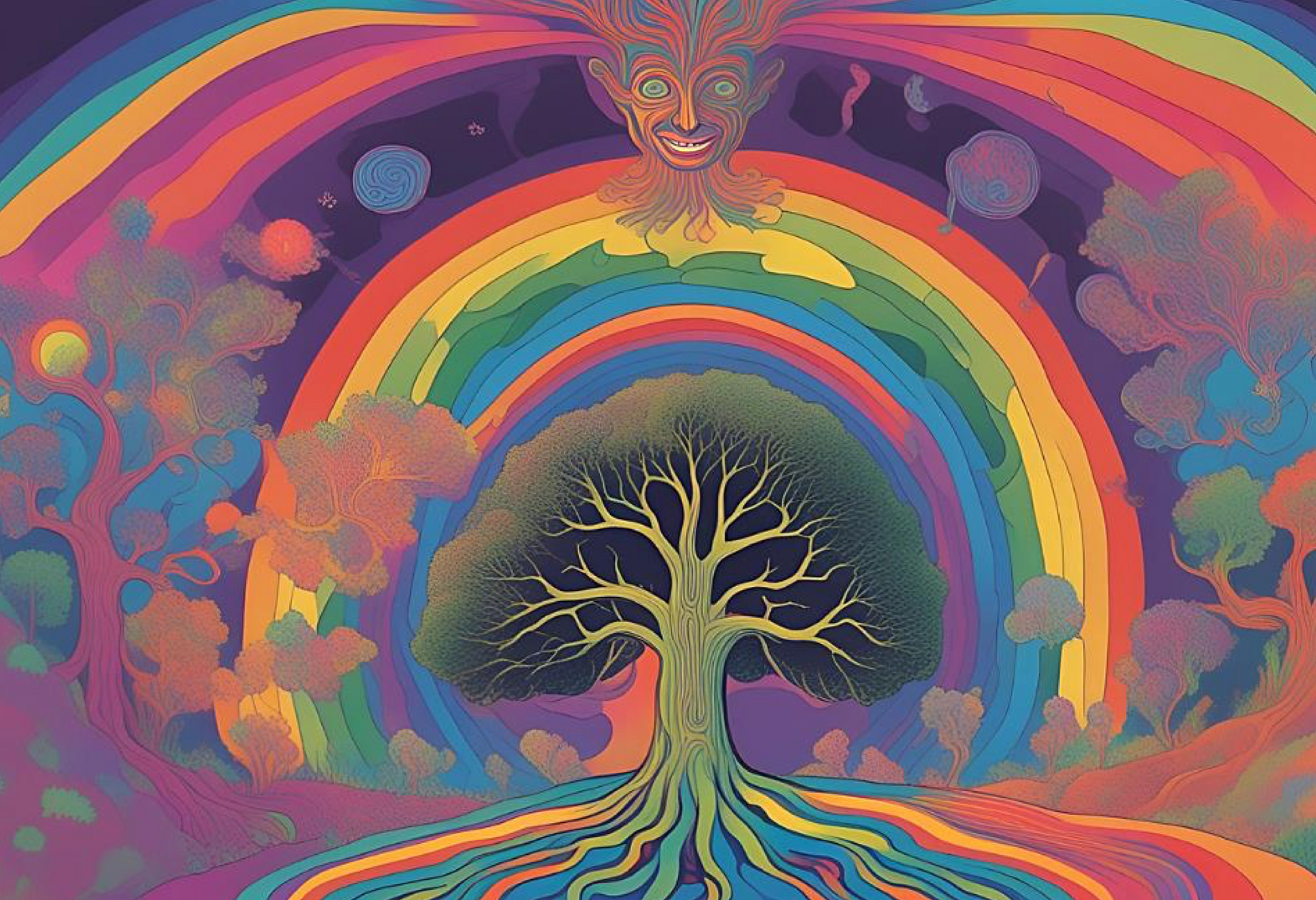 A colorful image of a rainbow with a barren tree in the middle with a head above. AI generated image