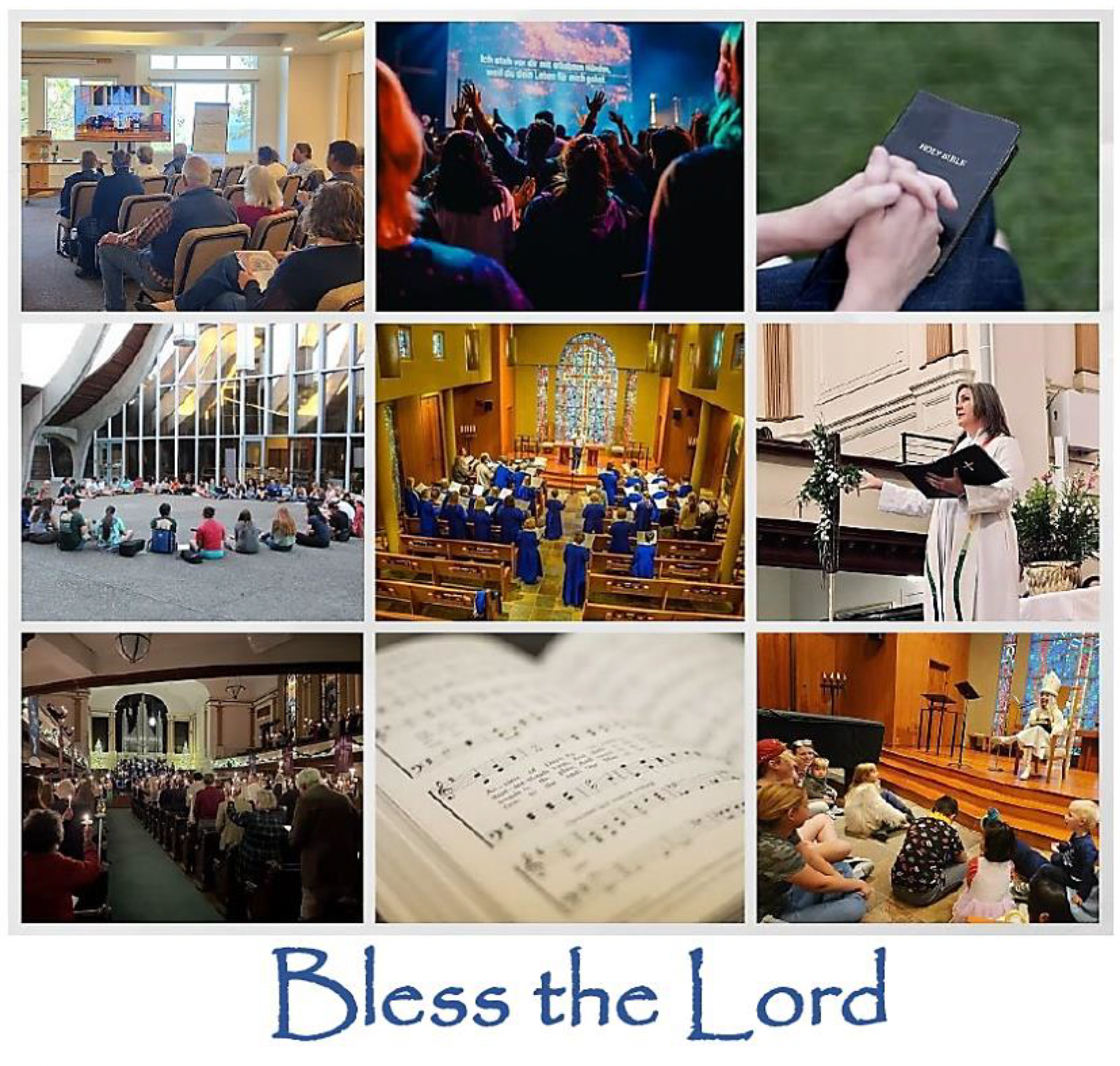 A grid of pictures of music, togetherness, worship services, group meetings, large circles of people