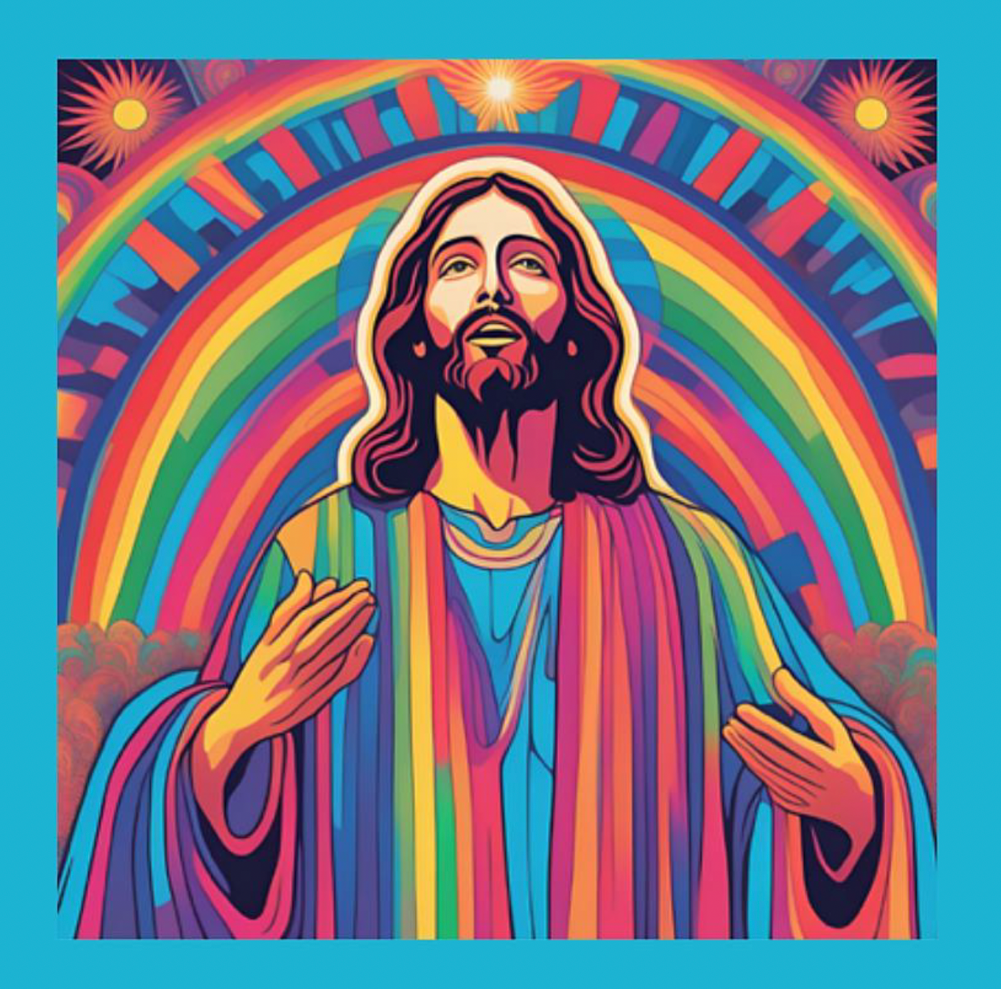 Jesus in a rainbow robe with a rainbow background