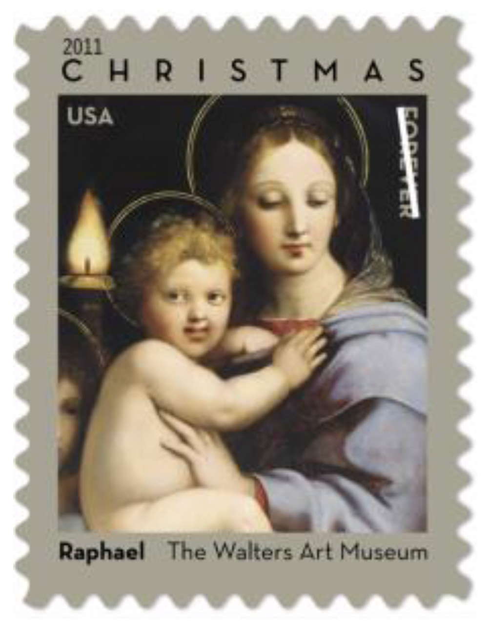 A picture of a 2011 Christmas Stamp with Mary holding Baby Jesus