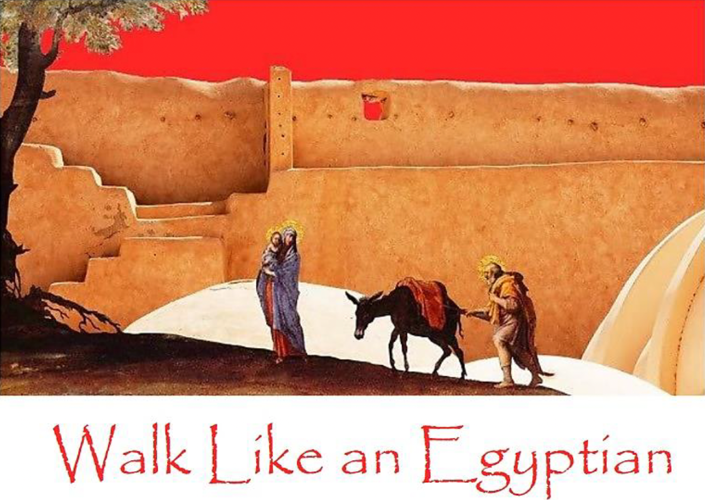 A picture of the holy family walking with a donkey across a dirt path with a sandstone building