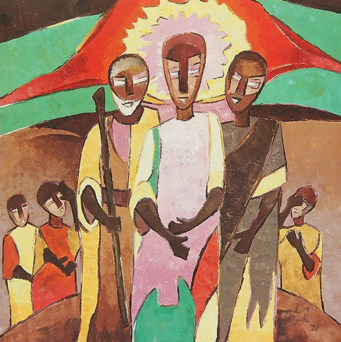 The Transfiguration by Augustin Kolawole Olayinka - a colorful triad of men in robes and a halo