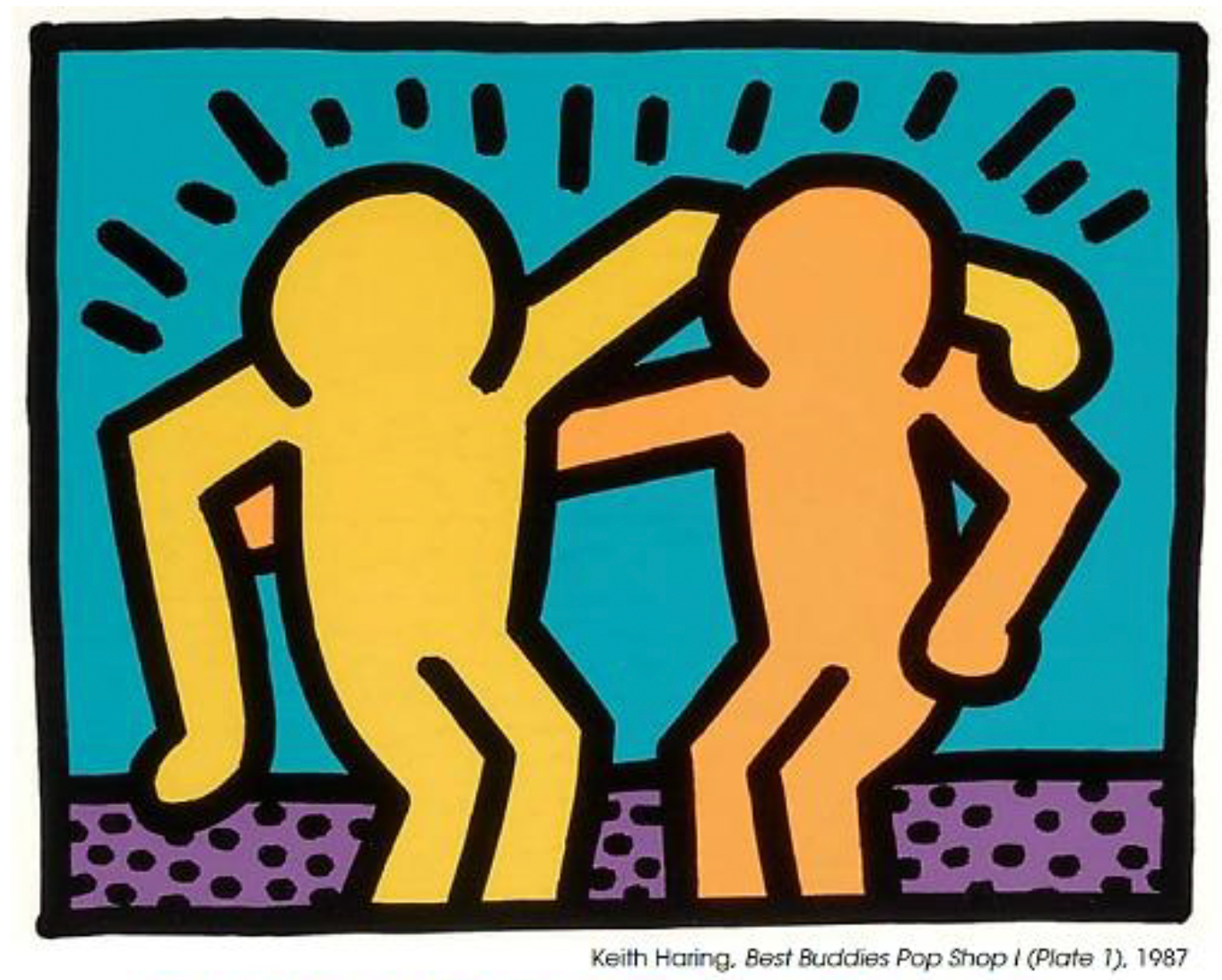 Keith Haring's Best Buddies - 2 human shapes that are yellow and orange embracing each other