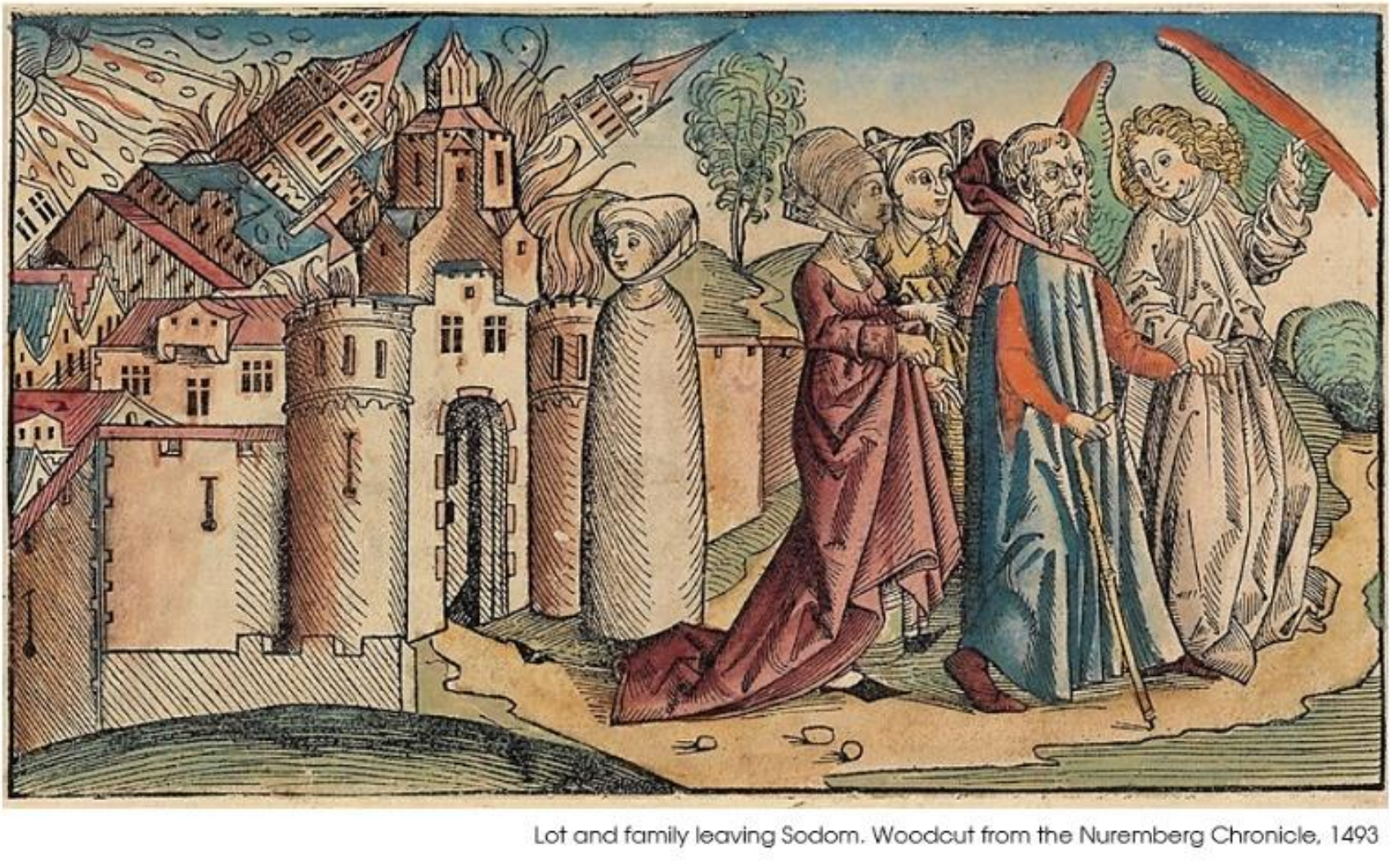Lot and family leaving Sodom, Woodcut from the Nuremberg Chronicle, 1493