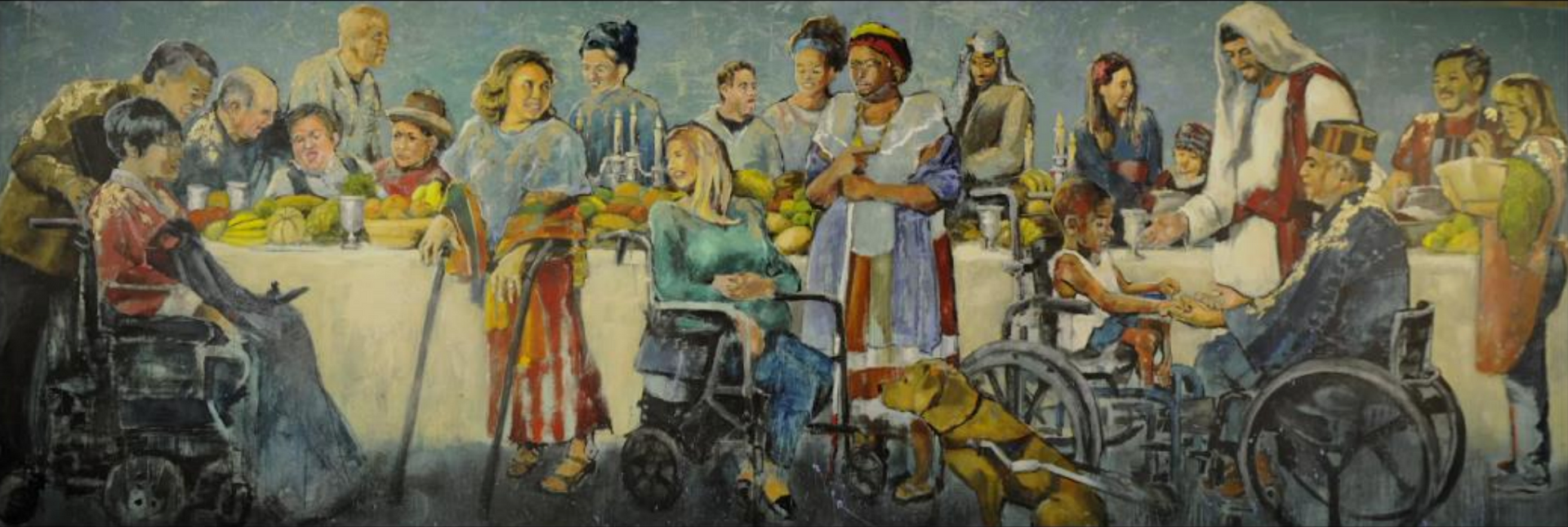 A group of diverse people surrounding a table, a recreation of the Last Supper with disabled folks  