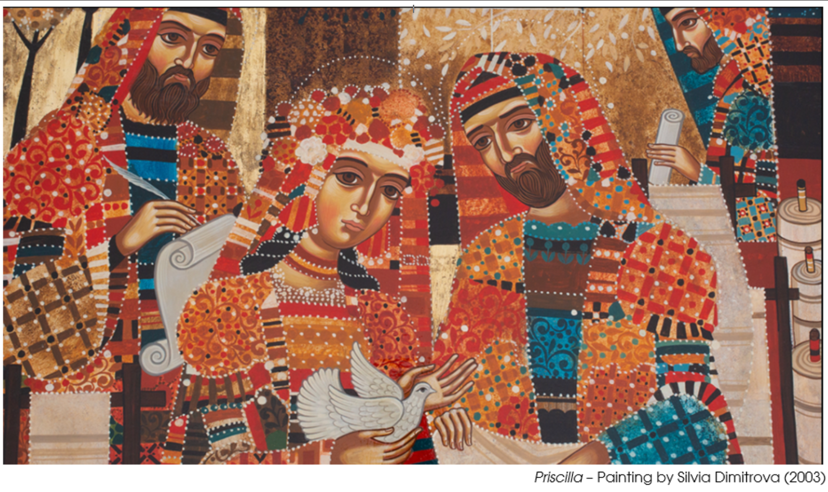 Priscilla - by Silvia Dimitrova (2003) - a woman in adorned gown holding a dove with 3 men around
