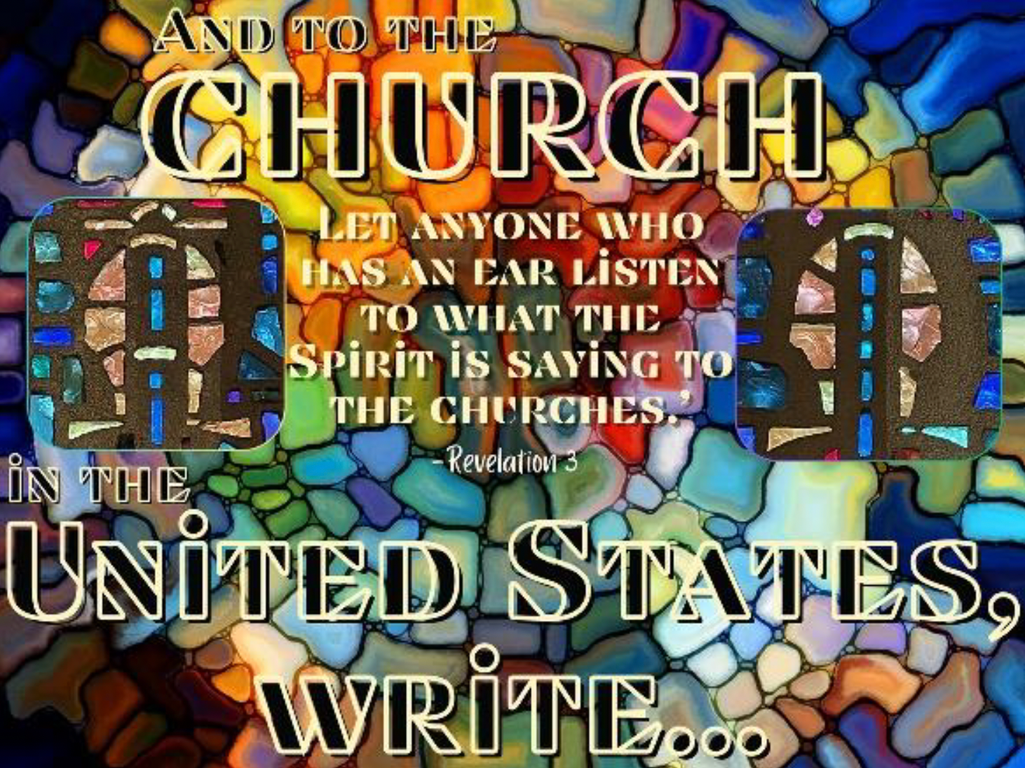 A rainbow stained glass image with the text 