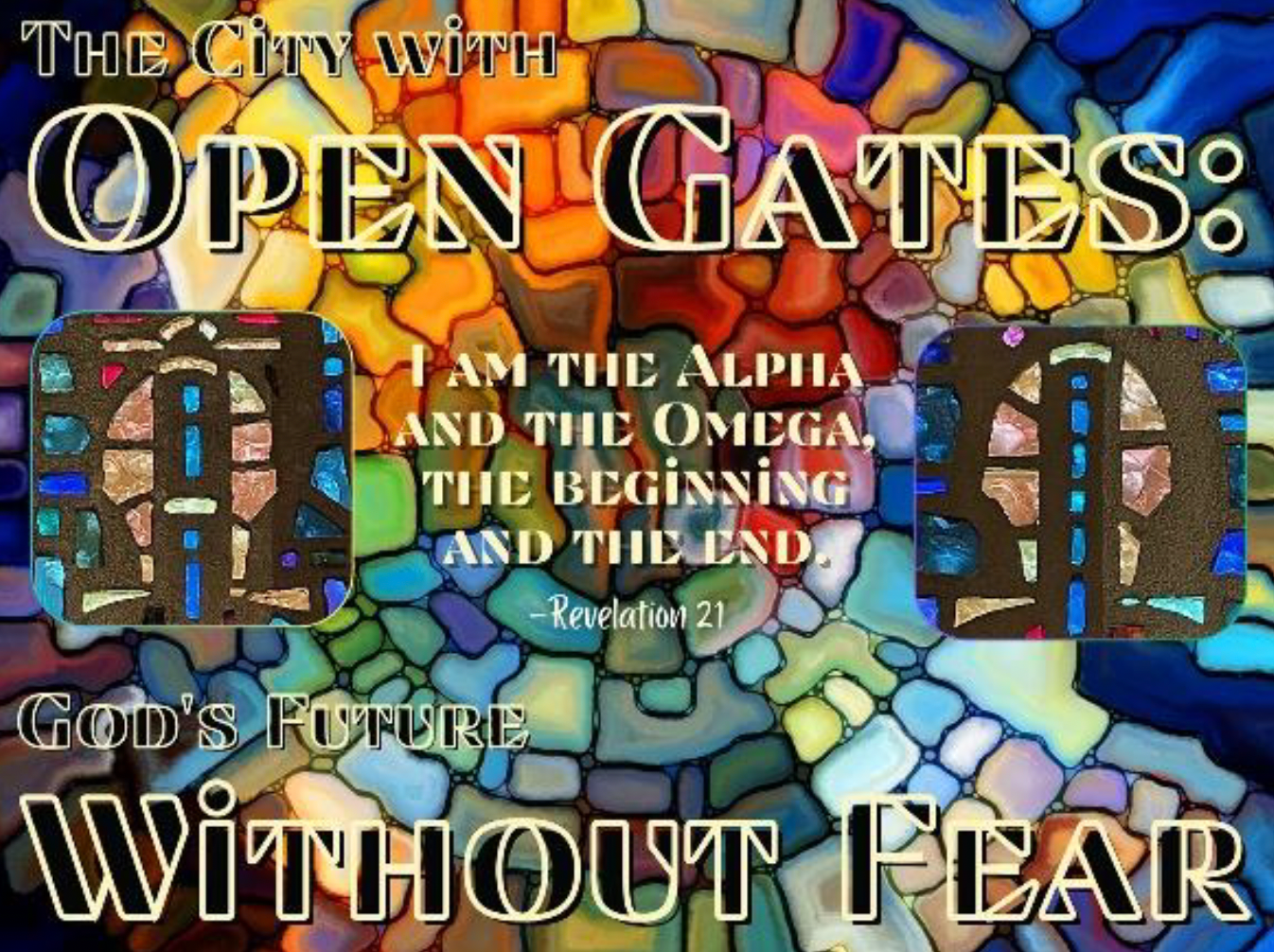 Rainbow stained glass that says 