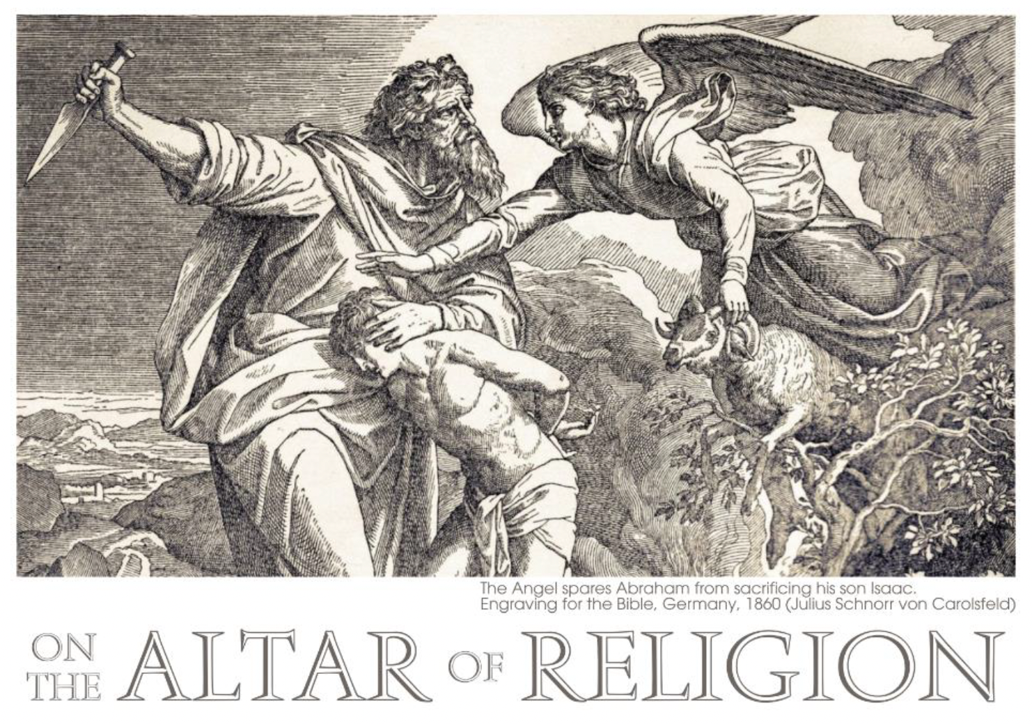 An engraved imaged of the angel sparing Abraham from sacrificing his son Isaac. Germany, 1860.